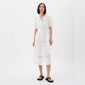 Gap Puff Sleeve Lace Midi Eyelet Dress White Lined 100% Cotton Medium Dainty
